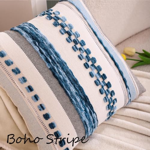Coastal Pillow Covers 18x18 Set of 2 Boho Tufted Throw Pillow Covers Stripe Beach Decorative Pillow Cases Accent Chenille Pillowcases Farmhouse Cushion Case for Home Decor, Sky Blue - color: Sky Blue Stripe, size: 18" x 18" (Pack of 2)