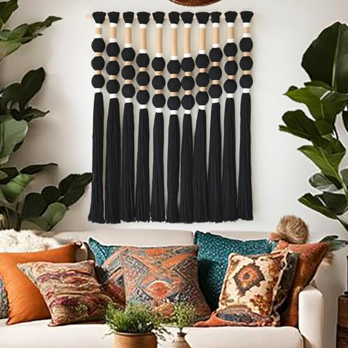 Macrame Wall Hanging Boho Wall Decor Black Fiber Yarn Wall Art Handmade Cotton Spherical Knot for Living Room Bedroom Nursery Office Home Decor27" W x 33" L - color: Black