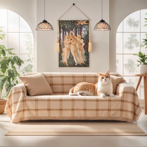 Medieval Vintage Tapestry Wall Hanging - Jacquard Art Replica of Three Nymphs & Cupid，Woven Aesthetic Complete Set with Tassels, Telescopic Rod, Rope & Hooks for Bedroom & Living Room Decor (27"x42") (Yellow：Spring - inspired Soft Tones of Three Nymphs) -