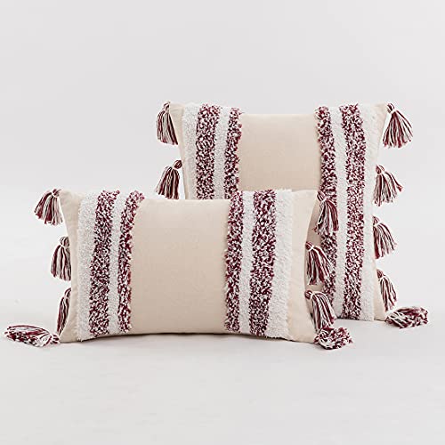 Boho Lumbar Throw Pillow Cover Tufted Woven Decorative Pillowcase with Tassel Rectangle Farmhouse Stripe Cushion Cover for Sofa Bed Living Room (Wine Red,12x20 Inch) - color: Wine Red, size: 20" x 12" (Pack of 1)
