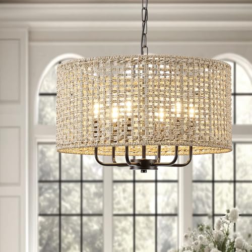 20" Rattan Hand-Woven Boho Wicker Chandelier - 6-Light Drum Farmhouse Oversized Vintage Pendant Light Fixture for Dining Room, Kitchen Island, Entryway (Black) - color: Black 6-Light 20" Drum