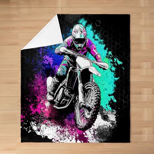 Motorcycle Bed Blanket Kids Girls Geometric Honeycomb Flannel Blanket Soft Cozy Lightweight Motocross Rider Plush Fleece Blankets Gifts for Couch Bed Office Sofa(40x50 Inches) - color: Black Purple, size: 40"×50"