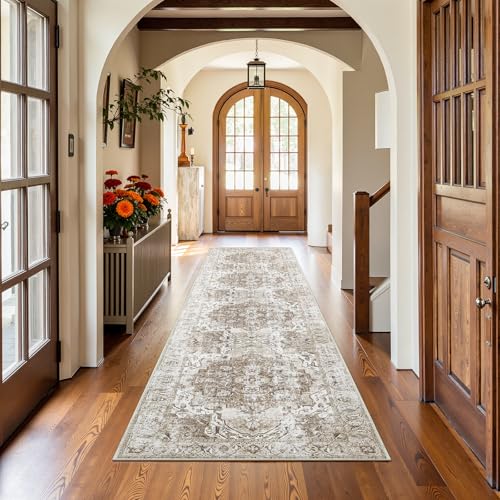 jinchan Runner Rug 3x8 Washable Hallway Rug Vintage Traditional Floor Cover Thin Taupe Multi Distressed Floral Indoor Mat for Kitchen Bathroom Bedroom Living Room - color: Medallion Taupe Multi, size: 3' x 8' (Runner)