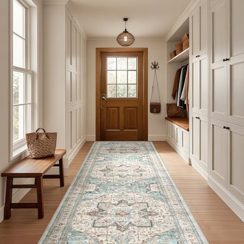 Tortania Area Rug 2x6 Runner Rugs - Washable Vintage Oriental Farmhouse Thin Indoor Carpet for Living Room Bedroom Hallway Entryway Kitchen Under Dining Table Home Office - Aqua Multi - color: Aqua Multi, size: 2' x 6' (Runner)