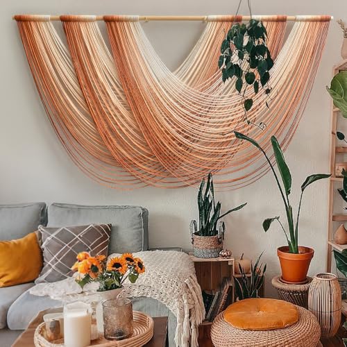 Macrame Wall Hanging Orange Boho Fiber Art Large Decor 57" W*31" L | Handmade、Gradient Color、Boho Decor、Premium Cotton、Large Statement Art - color: Orange
