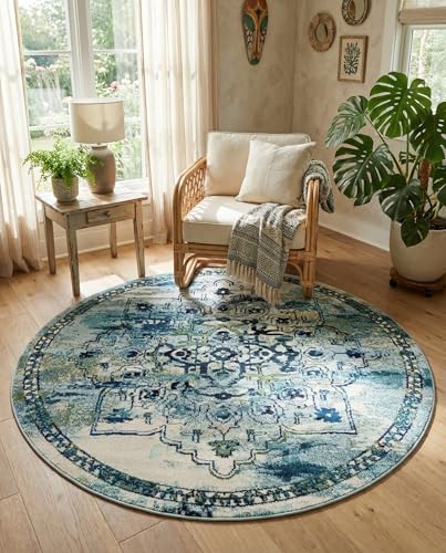 Rugs.com Fleur Collection Rug – 6' Round Blue Medium-Pile Rug Perfect for Kitchens, Dining Rooms - color: Blue 12, size: 6' (Round)