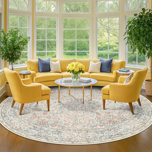 Hazo Haus Beige Blue Large Round Rug for Living Room - 8ft Circle Area Rug for Bedroom, Kids Room, Home Office, Foyer, Non Slip Washable Botanical Floral 8 x 8 Décor - color: Beige Blue, size: 8' (Round)
