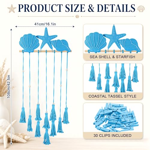 Ocean Blue Hanging Photo Display Macrame Wall Decor Starfish Seashell Photo Wall Display with 30 Wooden Clips Seaside Picture Holder for Teenage Girl Gift Beach Nautical Coastal Room Decor - color: Blue, style: Ocean