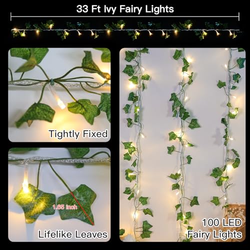 suddus Vine with Fairy Lights Plug in, 33ft 100 LED Ivy String Lights Connectable with Remote, Leaf Light for Bedroom, Room, Wall, Garden, Party, Wedding Dorm Decor (Warm White) - color: IVY, size: 100 LED-Plug-Clear Wire