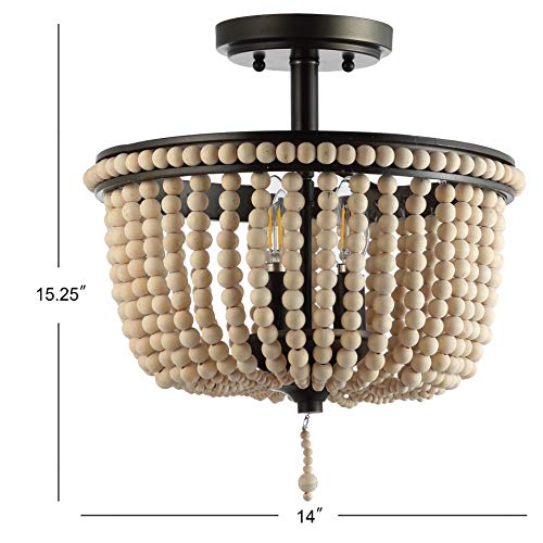 JONATHAN Y 14" Black and Light Taupe Wood Beaded LED Semi Flush Mount Light, Boho Farmhouse 3-Light Ceiling Chandelier with Cream Wood Bead Shade for Nursery, Bedroom JYL9020A - color: Black/Light Taupe