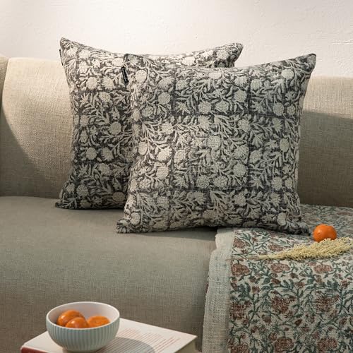 Handblock Printed Vintage Indian Cotton Decorative Throw Pillow Covers, Set of 2 (Shadow Grey, 18" x 18" (Pack of 2)) - color: Shadow Grey, size: 18" x 18" (Pack of 2)