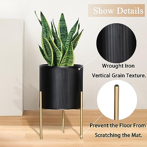 ARNIS Modern Planter Pots, Set of 2 Round Large Planters with Stand, Decorative Planters, Metal Pots with Drainage Holes for Living Room, Office, Garden or Balcony, 8.25 &10.5 Inch, Black & Gold - color: Black, size: 8.25 &10.5