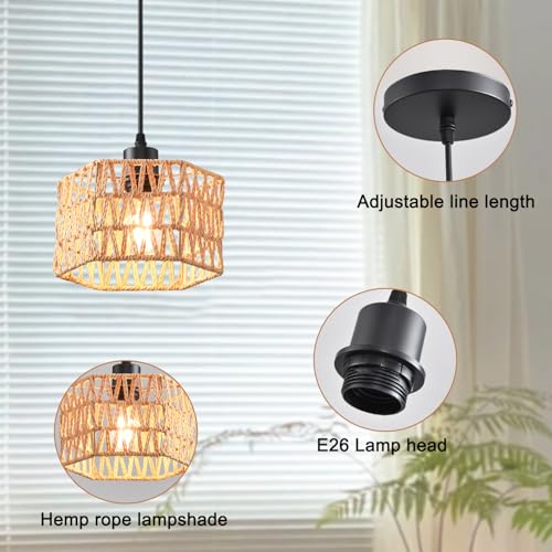 Woven Pendant Light Boho Chandelier, Rattan Pendant Lights Kitchen Island, Farmhouse Pendant Lighting with Hand Woven Wicker Shade, Boho Chandelier Light Fixtures Ceiling Hanging Light - color: Hexagon 3 Packs