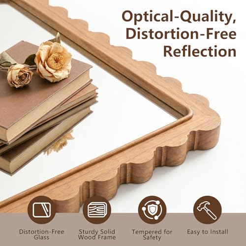 Wavy Solid Wood Wall Mirror, 24x35 Inch Bathroom Mirror, Large Scalloped Rectangle Mirror for Wall Decor, Boho Decorative Wall Mirror for Bedroom, Living Room, Entryway