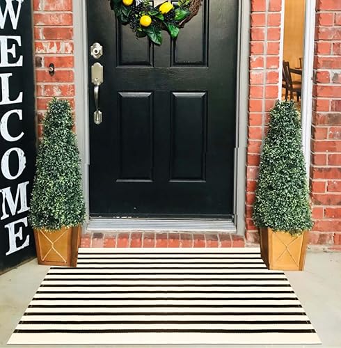 Black and Beige Layered Doormat,2x3 ft Striped Small Outdoor Porch Rug Cotton Woven Washable Farmhouse Layered Door Mats for Entryway/Porch Decor/Kitchen/Home Entrance - color: Beige Black, size: 2' x 3' (Rectangular)