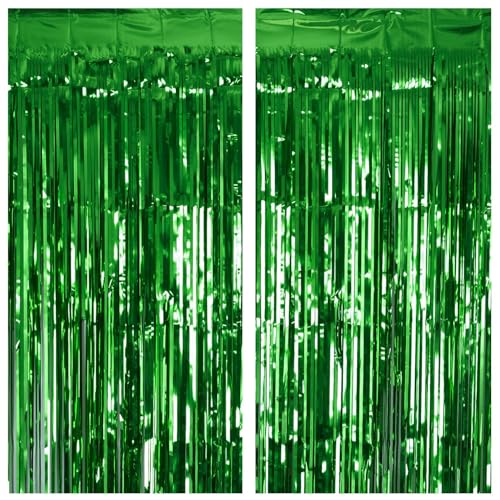 2 Pack Green Tinsel Curtain Party Backdrop, 3.2Ft x 8.2Ft Metallic Tinsel Foil Fringe Curtains Photo Booth Props Background for Christmas St Patrick’s Day Safari Tropical Bachelorette Decorations - color: Metallic Gren