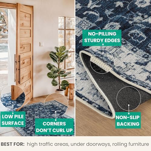 Bloom Rugs Washable Non-Slip 2' x 3' Rug - Dark Blue Traditional Bordered Area Rug for Living Room, Bedroom, Dining Room, and Kitchen - Exact Size: 2' x 3' - color: Dark Blue, size: 2' x 3' (Rectangular)