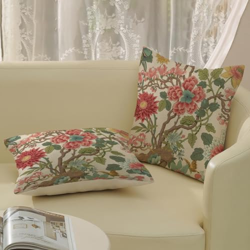 Chinoiserie Throw Pillow Covers 16x16 Inch 2 Pcs Pink Sage Green Floral Decor Pillow Covers Vintage Flower Spring Summer Outdoor Boho Decorative Pillowcase Linen Cushion Cover for Couch - color: Chinoiserie Pink Green Floral, size: 16" x 16" (Pack of 2)
