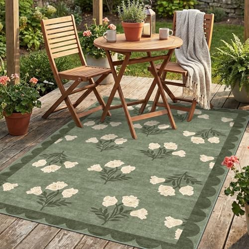 4x6 Covered Outdoor Patio Rug - Green Washable Front Porch Entry Rug Non-Slip Door Mat Indoor Outside Entrance Vintage Floral Scalloped Area Rug for Living Room Entryway Backyard Porch Decor - color: Flower - Green, size: 4' x 6' (Rectangular)