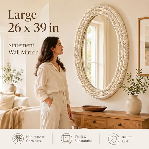 26" x 39" Oval Wall Mirror, Handwoven Natural Corn Husk Fiber with Light Whitewashed Finish, Boho Coastal Style for Entryway, Bedroom, Living Room, Vertical & Horizontal Hanging - size: 39"L x 26"W