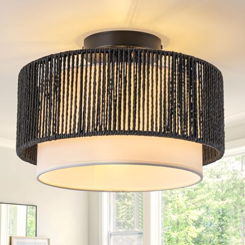 SineRise 12'' Rattan Flush Mount Ceiling Light Fixture,2-Tier Drum Hand-Woven Boho Flush Mount Ceiling Light,Farmhouse Light Fixture for Living Room,Kitchen,Bedroom Foyer Entryway ect.（Black） - color: Black, size: Small Ceiling