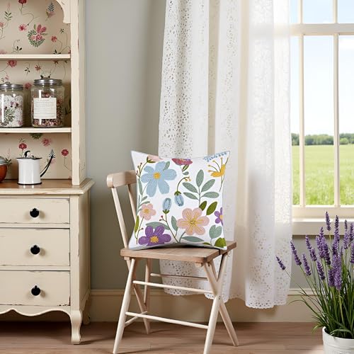 Embroidered Throw Pillow Covers 18x18 Pack of 2 Multicolored Flowers Pillow Covers Farmhouse Pillow Cushion Case Summer Decorative Farm Pillowcases Square Rustic Floral Pillow Case - color: Multicolored Flowers