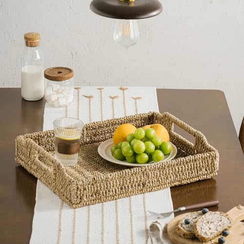 Wicker Scalloped Serving Tray with Handles - Seagrass Handwoven Trays,Water Hyacinth Tray for Home Decor and Living Room, Dining Table, Bathroom Organizing, 17.3" L x 13.4" W x 3.6" H - color: Seagrass-rectangle, size: 17.3" x 13.4" x 3.6"