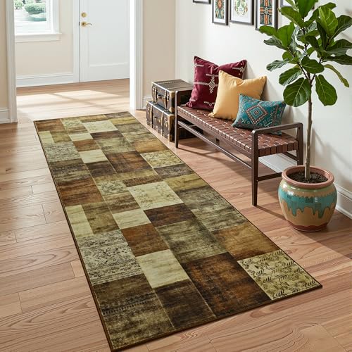 Tepook Modern Runner Rug for Living Room, 2x6 Washable Rugs for Bedroom Hallway, Geometric Patchwork Runner Rug Non-Slip Indoor Throw Carpet for Entryway Kitchen Office Home Decor, Brown - color: Brown, size: 2 X 6 Feet