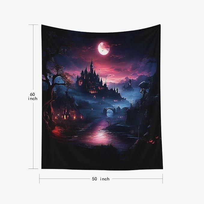 EMMTEEY Halloween Tapestry Halloween Castle Red Moon Dark 50X60 Inch Vertical Tapestry Wall Art Hanging Tapetries for Bedroom Living Room Dorm Décor