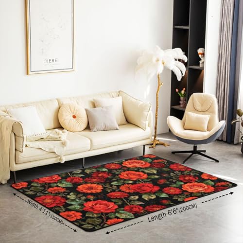 Erosebridal Vintage Dark Floral Area Rug 6'6" x 4'11" Red Orange Peony Living Room Rugs Garden Flower Decorative Carpet Black Romantic Indoor Floor Mat - color: Black Red, size: 4'11" x 6'6" (Rectangular)