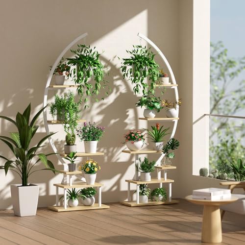 GREENSTELL Plant Stand Indoor with Grow Light, 7-Tiered Tall Metal Plant Stand for Indoor Plants, Half-Moon Shape Display Shelf for Living Room, Balcony, Patio, White (2 Pack)