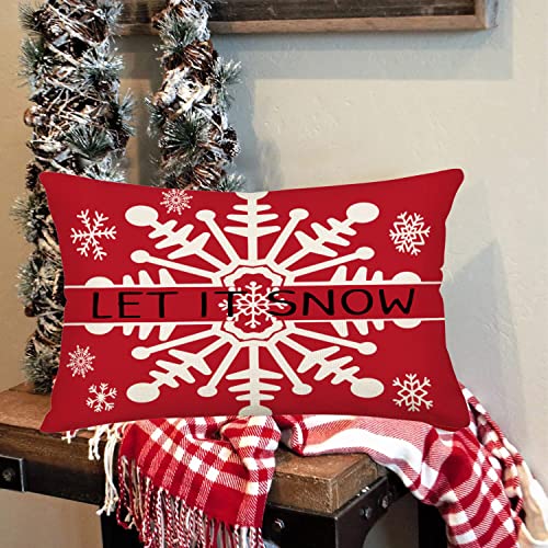 Red Christmas Snowflake Pillow Covers Farmhouse Let It Snow Rectangular/Waist Cushion Cover New Year Winter Holiday Decor Pillowcases 12’’×20’’ for Home Sofa Couch Patio Outdoor - color: Red Snowflake