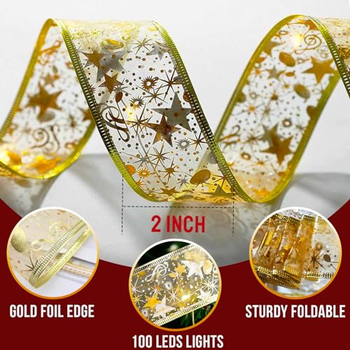 Christmas Ribbon Fairy Lights 33Ft 100 LED String Lights Battery Operated 2In Gold Foil Ribbon with Warm White Twinkle Firefly Lights Indoor Starry Holiday Decoration for Christmas Tree - size: Ribbon Lights