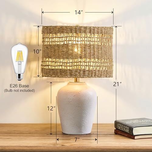 Maxax Farmhouse Ceramic Table Lamp for Living Room, 21" Boho Rattan Bedside Lamp with Woven Rattan Shade, 3-Way Dimmable Coastal Bedroom Lamp for Nightstand Office House - color: Light Gray