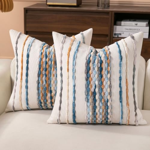 Boho Striped Throw Pillow Covers 18x18 Inch Set of 2 Farmhouse Square Decorative Pillow Covers Chenille Tufted Accent Neutral Pillowcase Caramel Brown Blue Cushion Cover for Couch Sofa Bed - color: Caramel Brown Blue