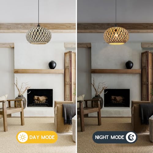 Island Pendant Light Black Natural Hand-Woven Bamboo Pendant Lights 1-Light Boho Light Fixtures Farmhouse Rustic Hanging Lamp for Living Room Dining Room Bedroom - color: Black Rattan, 1-Light