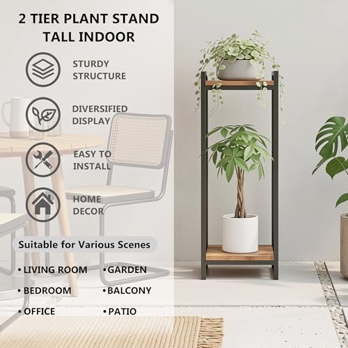 34" Tall Plant Stand Indoor, 2-Tier Modern Plant Shelf Corner Flower Pot Holder Organizer for Living Room Balcony Garden, Rustic Brown