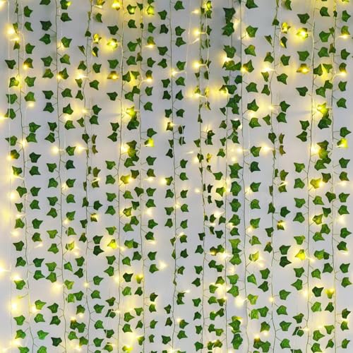 Freyalife Fake Vines for Room Decor(12 Pack 84 FT),with CE Certified 80 LED String Lights,Artificial Plant Ivy for Aesthetic Home Bedroom Wall Wedding Party Office Patio Indoor, Outdoor Garden Décor - color: Ivy String Lights-usb Battery Box, size: 12Pack
