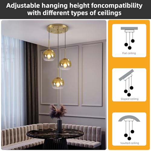 Mikeru Modern Gold Glass Chandelier, 3 Light Cluster Pendant Light Fixtures Kitchen Island Lighting Kitchen Island Pendant Lighting Hanging Lights Multi Light Large Pendant Lighting（Without Bulb） - color: Gold-3 Light