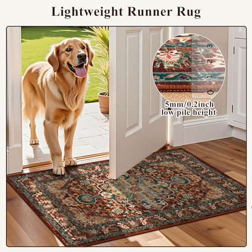 U'Artlines 2' x 5' Boho Hallway Runner Rug, Non Slip Washable Vintage Farmhouse Accent Area Rug Carpet for Kitchen Entryway Laundry and Living Room (Rust＆Teal) - color: Rust＆teal, size: 2' x 5' (Runner)