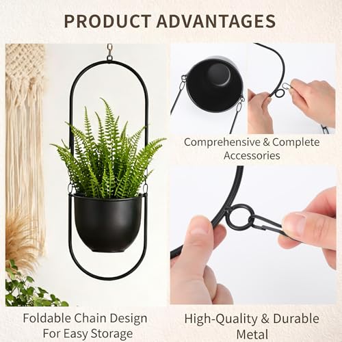 Fumete 2 Set Black Hanging Planters with Chains Metal Plant Hanger Wall Mounted Iron Flower Pot Holder for Indoor Outdoor Plants, Planting Ivy and Fern for Window Porch Balcony and Home Decor