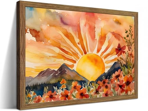 LBTZEVIR Framed Boho Sunset Wall Art 16x12 Inch Painting Poster Prints for Bedroom Home Office & Sun Room Decor Tropical Abstract Canvas Art for Living Room - color: The Sun, size: 16"L x 12"W