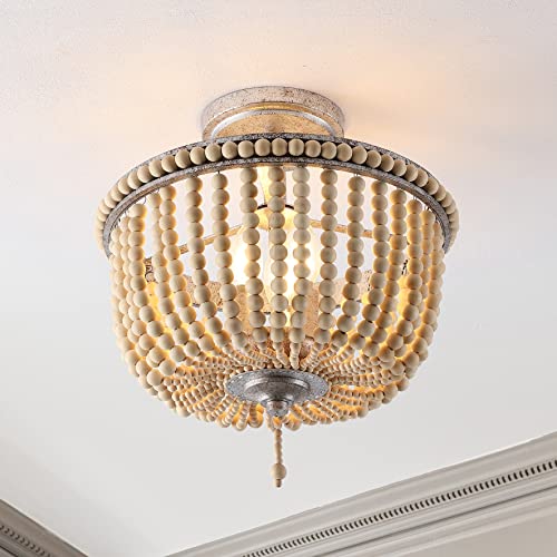 JONATHAN Y 14" Antique Silver/Light Taupe Wood Beaded LED Semi Flush Mount Light, Boho Farmhouse 3-Light Ceiling Chandelier with Cream Wood Bead Shade for Nursery, Bedroom (JYL9020B) - color: Antique Silver/Light Taupe