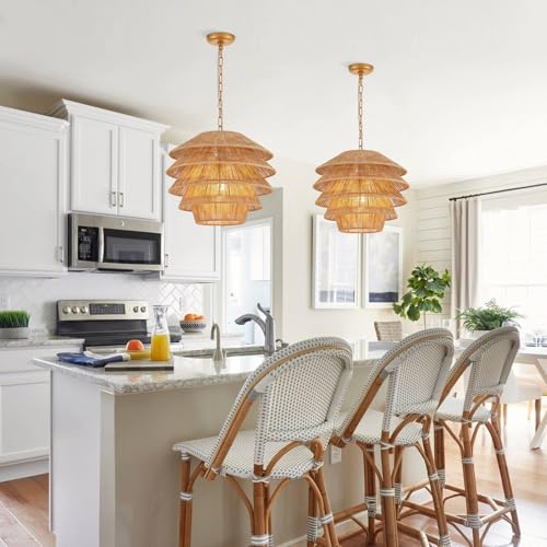 18” Boho Pendant Light Hand Woven Adjustable Brass Coastal Chandelier for Kitchen Island Dining Living Room Entryway Foyer, UL Listed