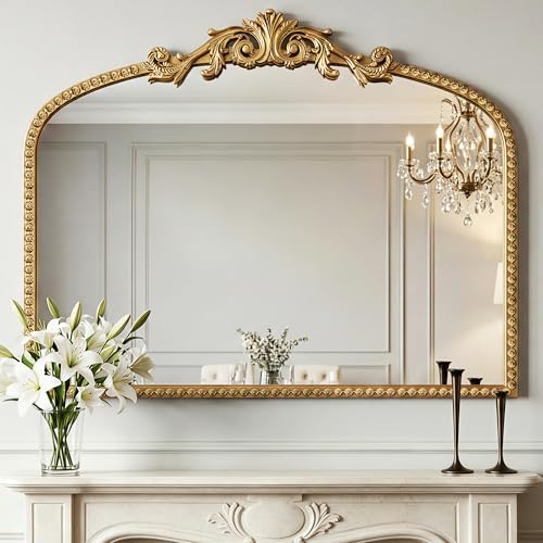 Arched Gold Carved Wall Mirror - 28''x36'' Vintage Gold Large Baroque Wall-Mounted Mirror - Iron Frame with Beaded Trim - Antique French Ornate Mirror for Entryway/Hallway/Fireplace/Bathroom - color: Carving - Vintage Gold (28"l X 36"w)