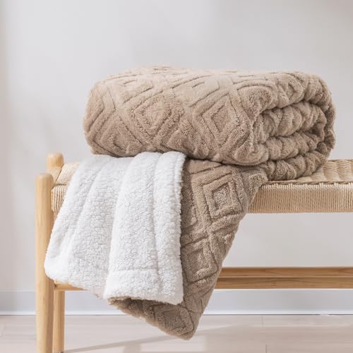 EverGrace Jacquard Boho Sherpa Fleece Throw Blanket for Couch, Super Soft Cozy Fuzzy Plush Blankets for Winter, Reversible Thick Warm Blanket for Bed, Sofa, Living Room, Khaki Tan, 50" x 60" - color: Khaki Tan, size: 50x60 Inches