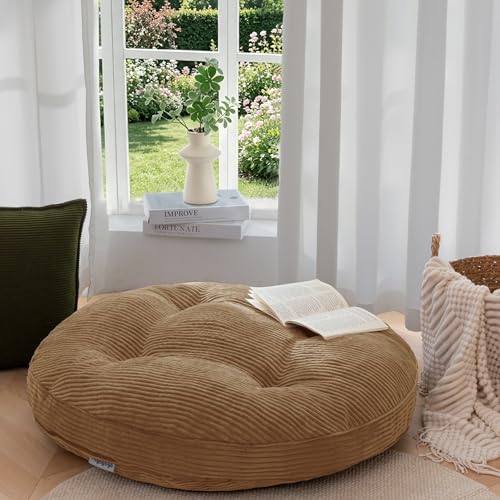 HIGOGOGO 35" Floor Pillow Cushion for Adults, Meditation Cushion Pillow, Extra Large Square Floor Sitting, Tufted Corduroy Cover for Tatami Living Room or Yoga, Coffee - color: Coffee, size: 4" Thick Round