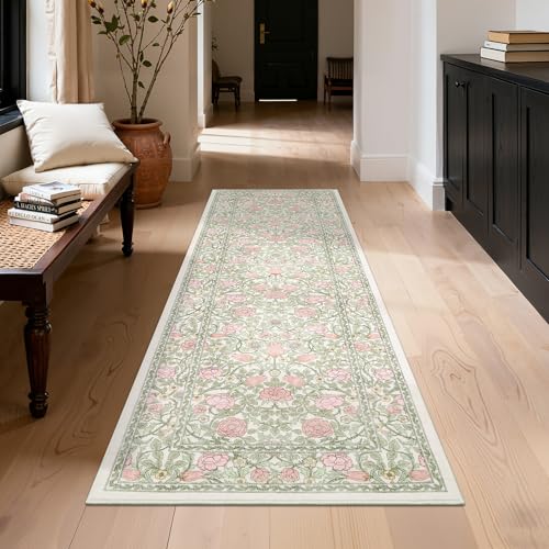GarveeHome Pink and Green Vintage Floral 2x6 Runner Rug Washable Kitchen Rugs Non Slip Boho Long Rug for Hallways Bedroom Entryway Bathroom Mat with Rubber Back Beige - color: A Beige / Pink, size: 2' x 6' (Runner)