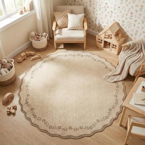 GarveeHome Round Area Rugs 4ft for Kids Room, Solid Jute Scalloped Washable Circle Rug Soft Non Slip Floral Print Floor Mat Tan Carpet Indoor Thin Tent Rug for Bedroom Dining Room Playroom Nursery - color: Jute, size: 4' (Round)