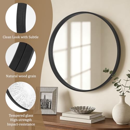 WallBeyond Black Round Mirror Wood Framed 28 inch Circle Wall Mirror for Bathroom Round Wall Mirror for Wall Decor, Vanity, Entryway Living Room - color: Black, size: 28"L x 28"W